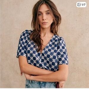 NWT Sézane Emma Blouse Navy and Ecru